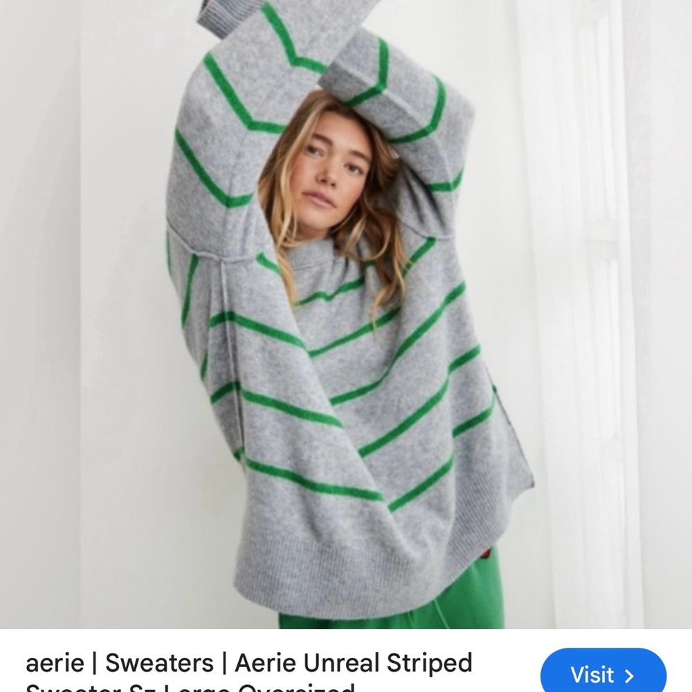 AERIE UNREAL STRIPED SWEATER Sz Large Oversized Green Grey